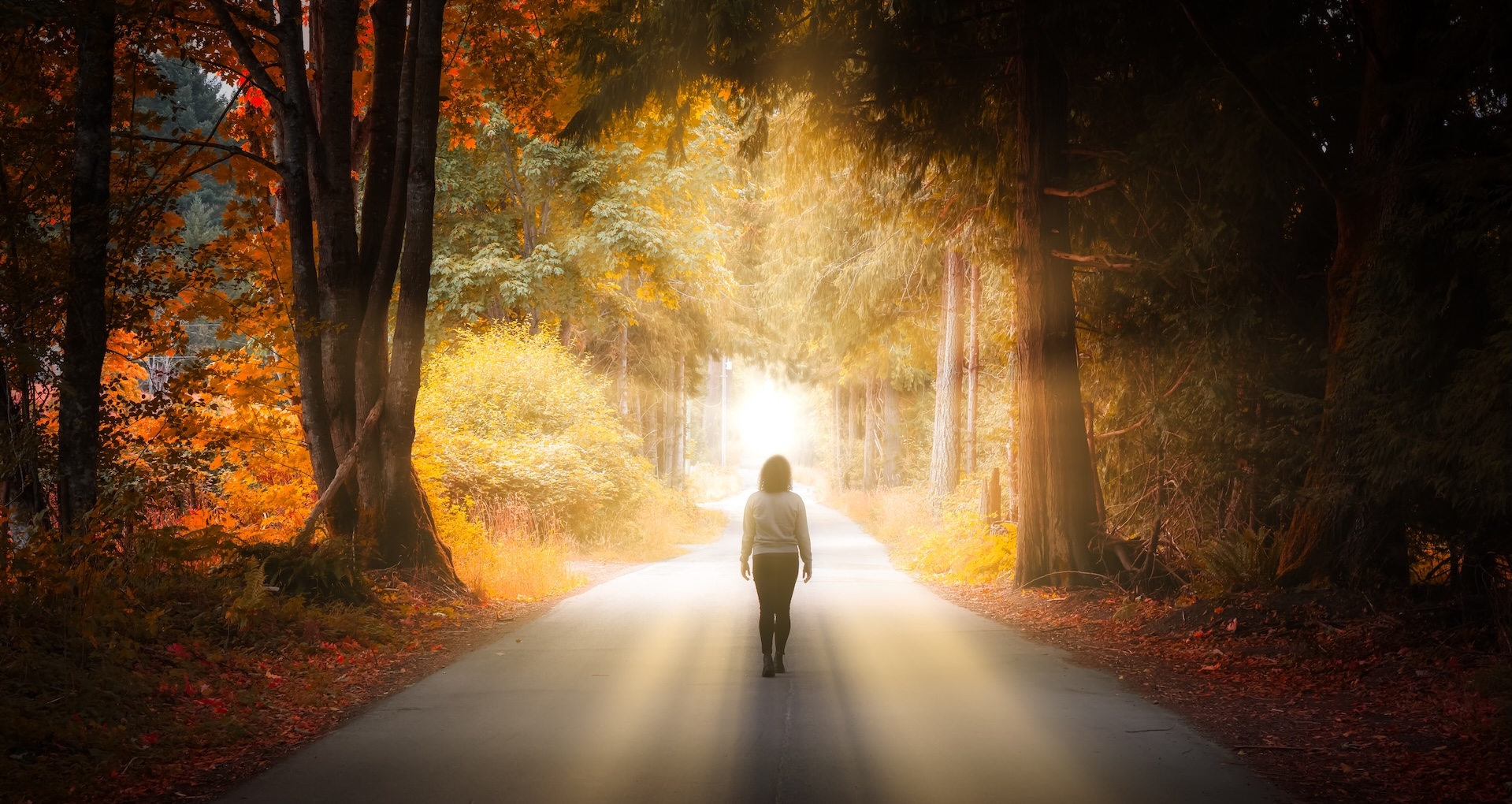 Colorful Art Render with Sunrays of Adventurous Caucasian Woman walking